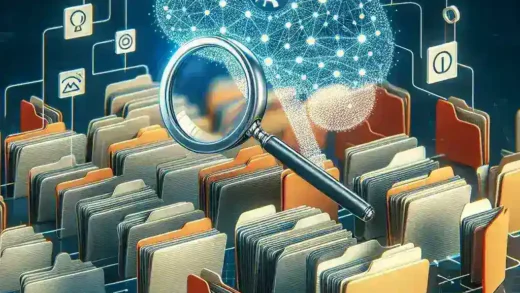 "Ilustrasi Google Drive menampilkan fitur pencarian pintar berbasis AI untuk memudahkan pengguna menemukan file besar secara efisien."