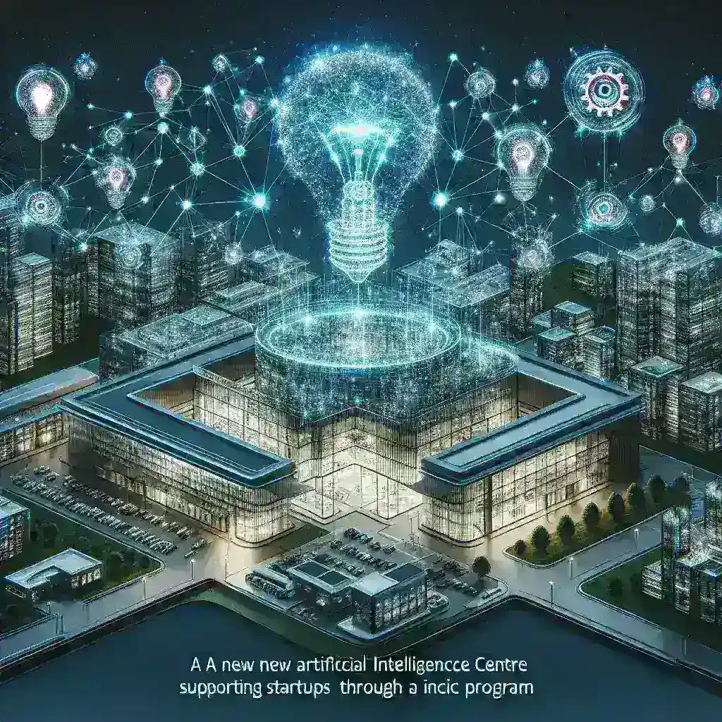 "Ilustrasi Pusat AI Baru yang Mendukung Startup melalui Program Inception, menampilkan inovasi teknologi dan kolaborasi di ekosistem startup"